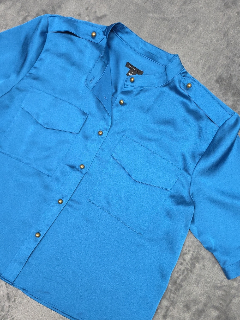 Ann Taylor Bright Blue Mandarin-Collar Button Blouse